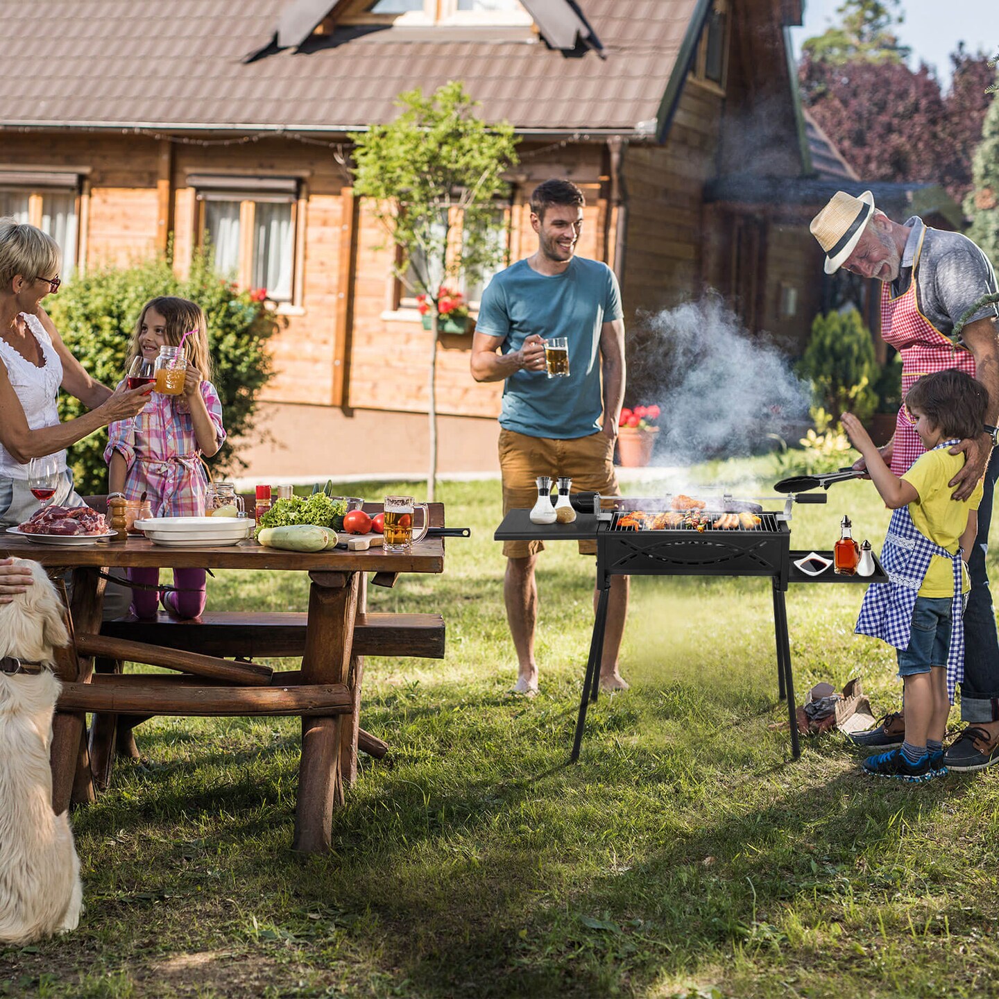 Portable Charcoal Grill with Electric Roasting Fork-Black