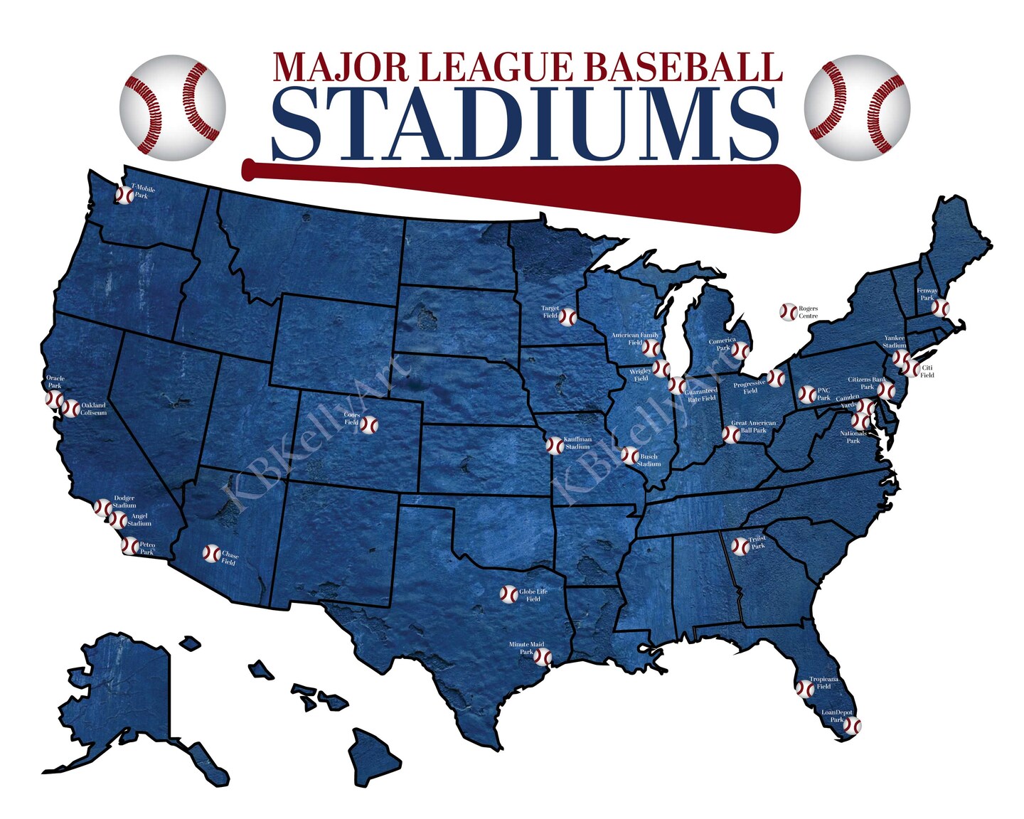 Major League Baseball Stadium Map MLB Push Pin Map Ballpark Stadium ...