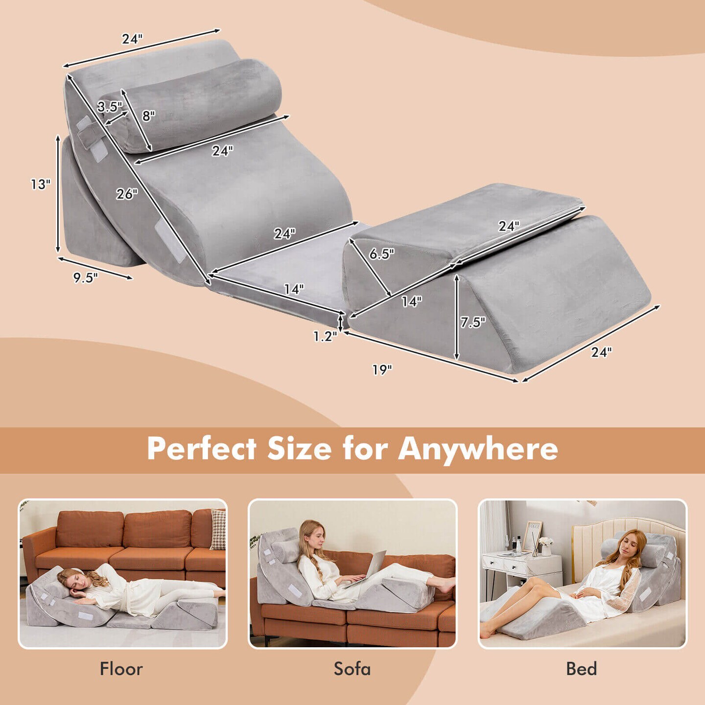 6 Pieces Orthopedic Bed Wedge Pillow Set for Back Neck Leg-Grey