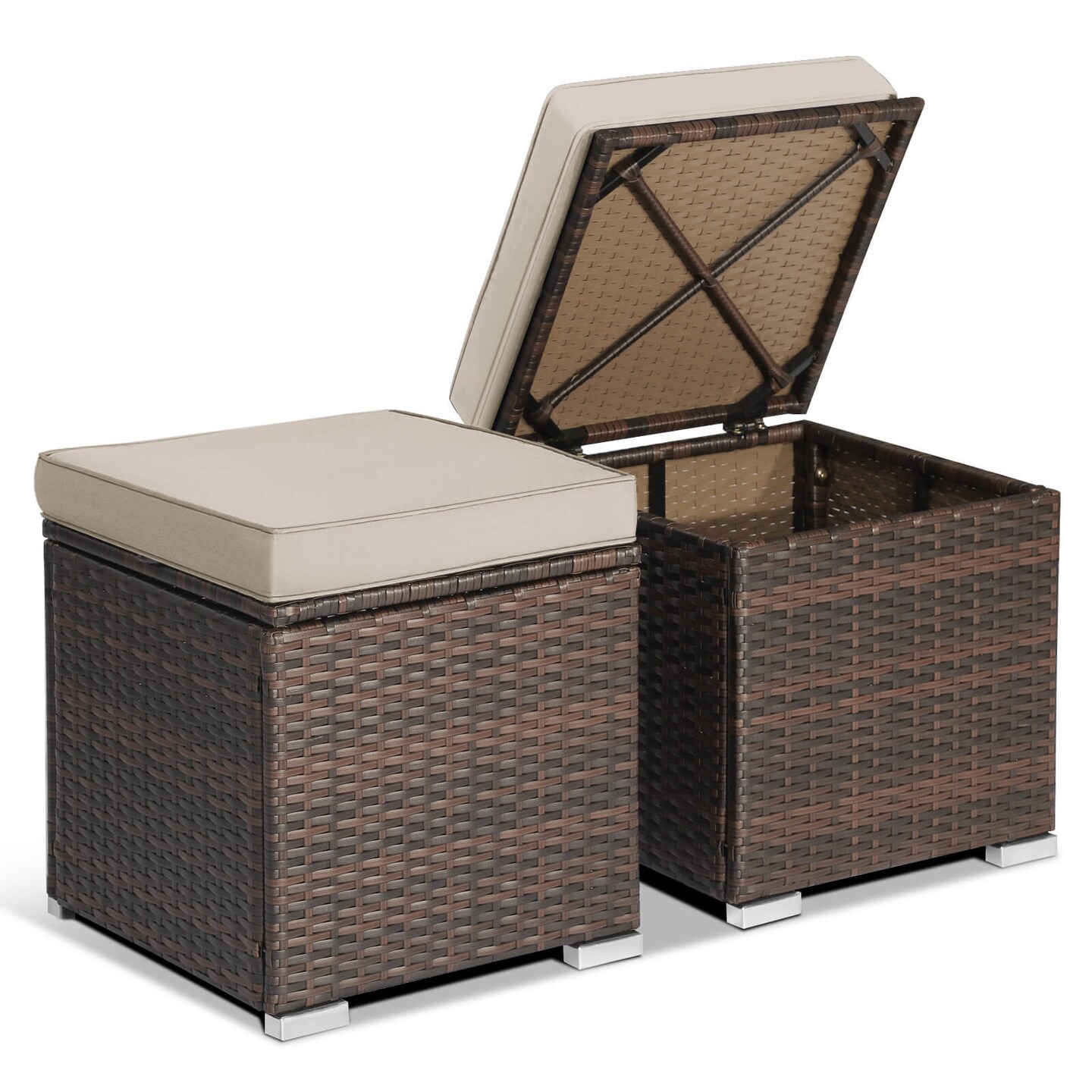 2 Pieces Patio Storage Ottoman with Removable and Washable Cushions