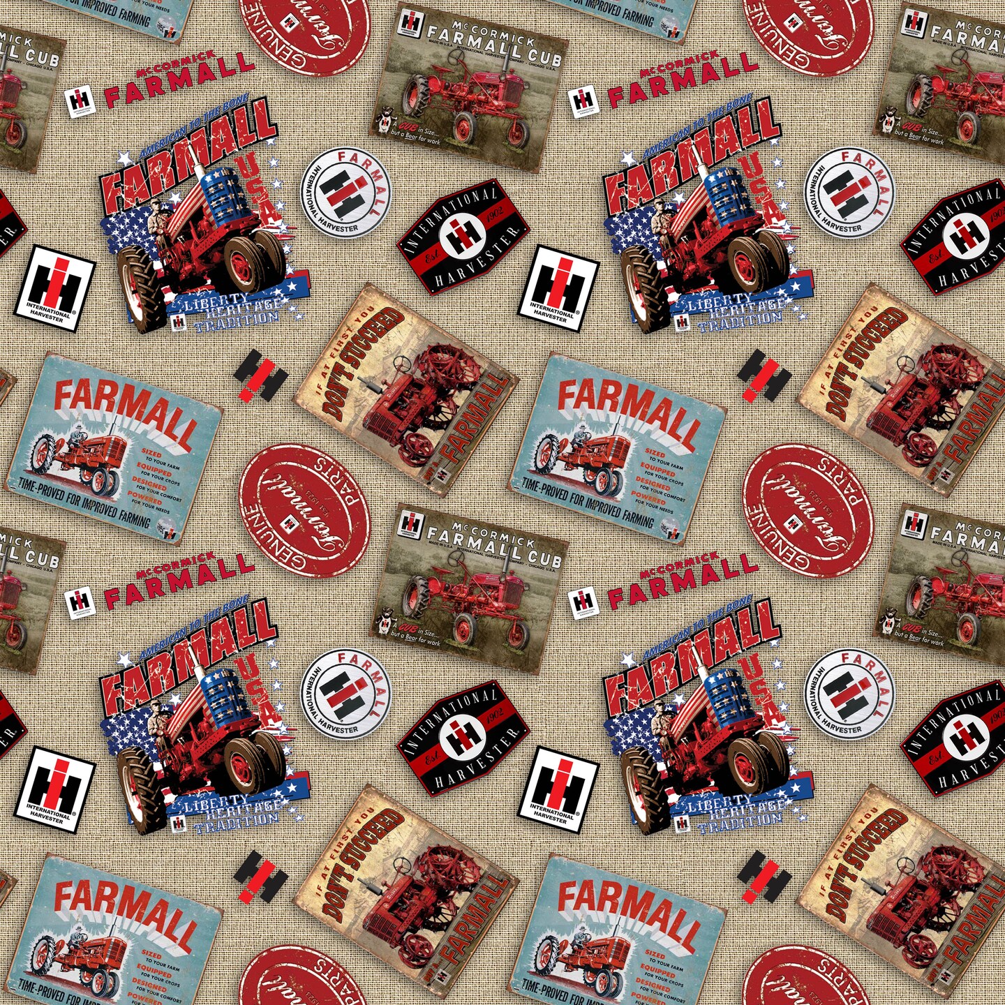 Farmall Agriculture Cotton Fabric Collection by Sykel-Tossed Logos on Natural Burlap