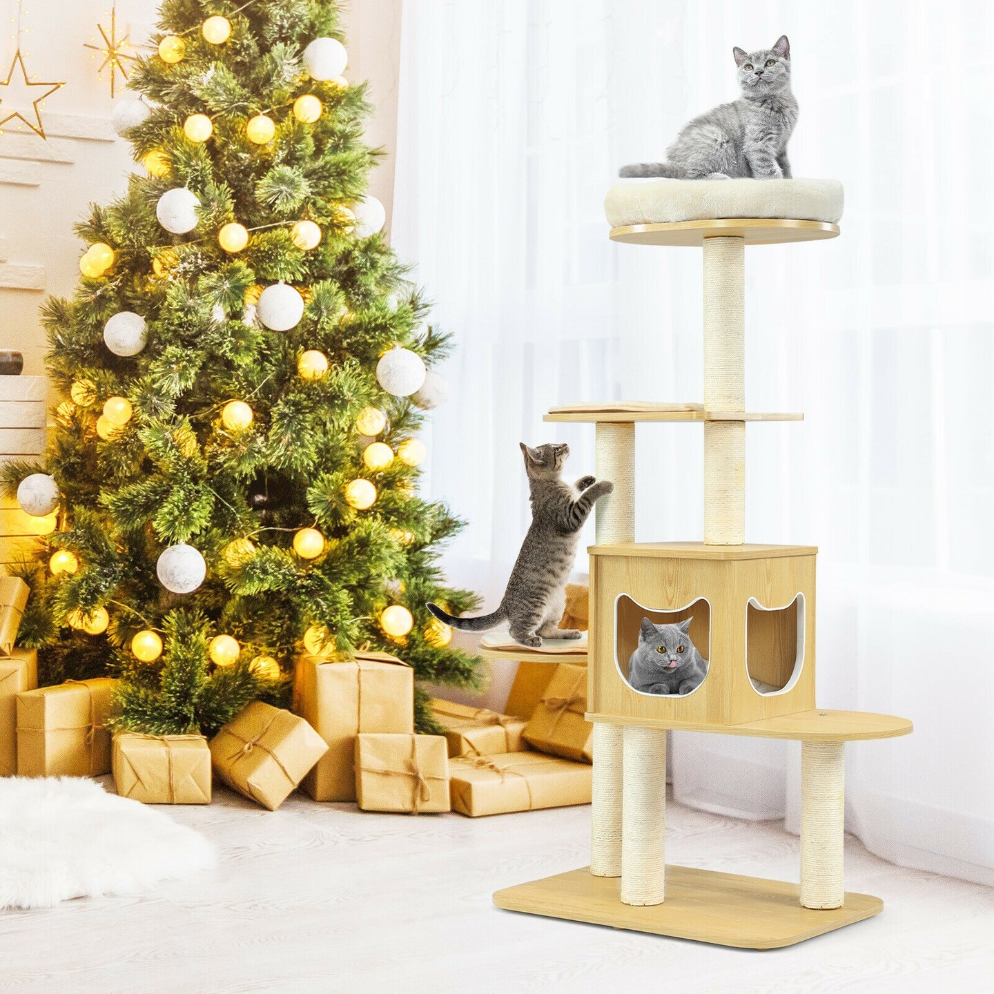 4 Levels Modern Wood Cat Tower with Washable Mats-Walnut