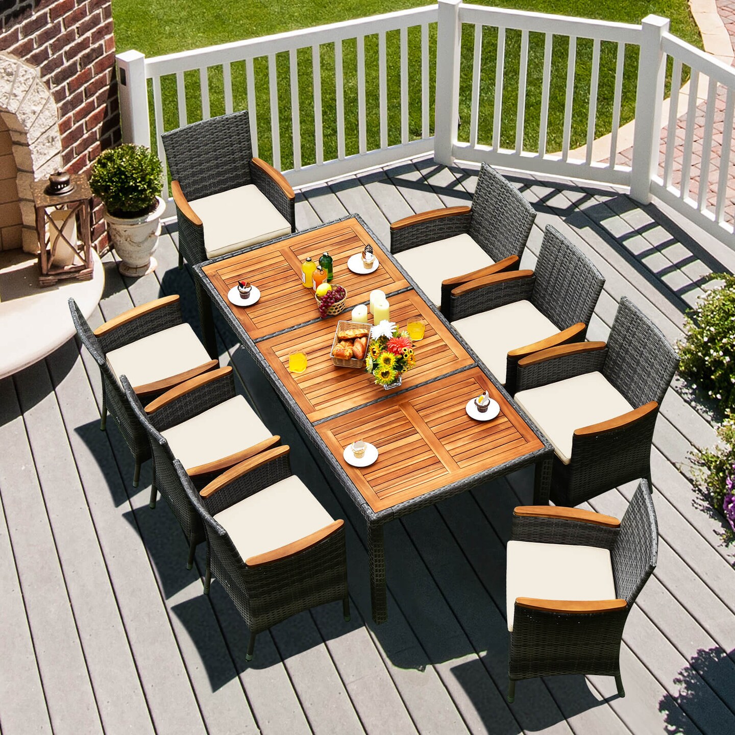 Pieces Rattan Patio Dining Set with Acacia Wood Table and