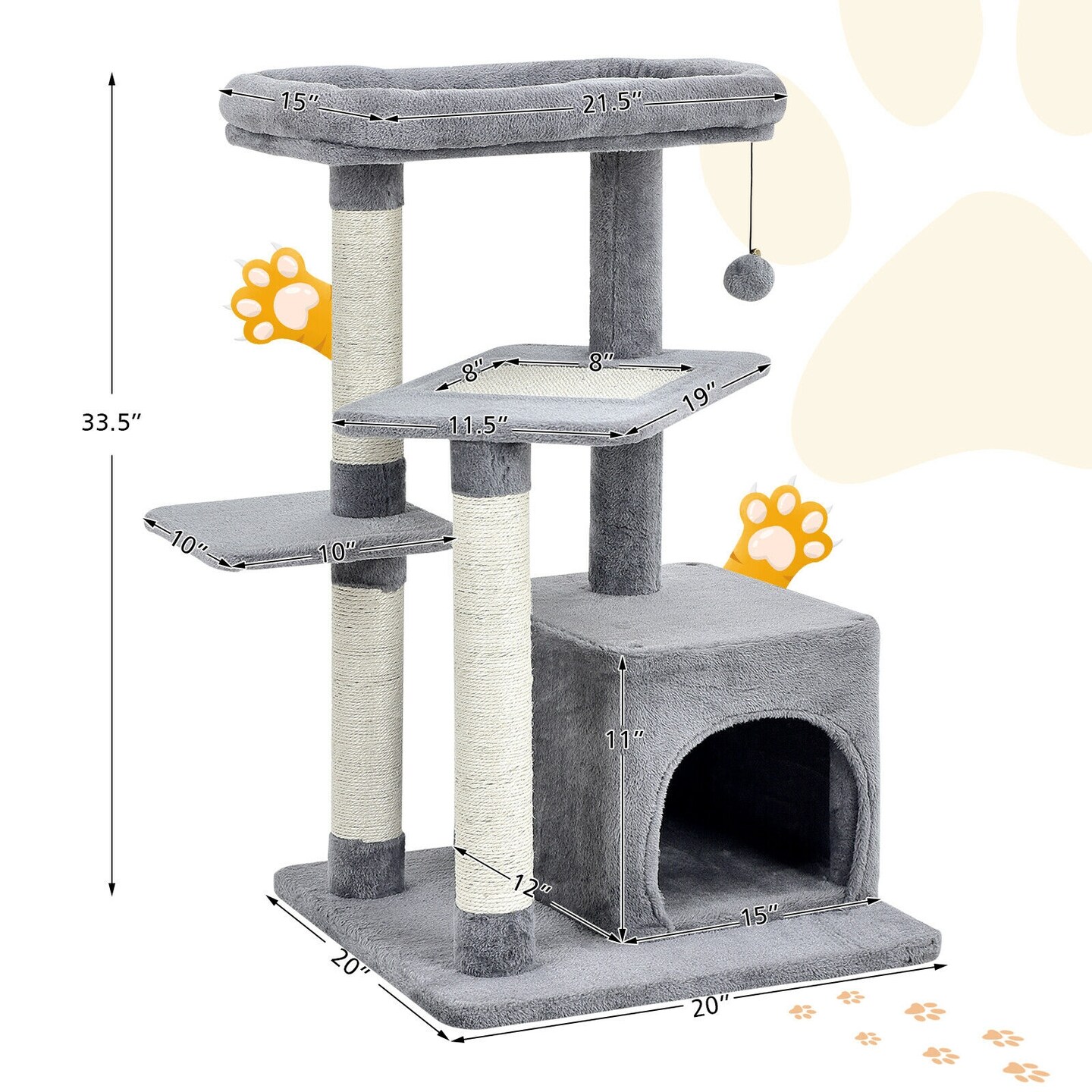 Cat Tree with Perch and Hanging Ball for Indoor Activity Play and Rest-Gray