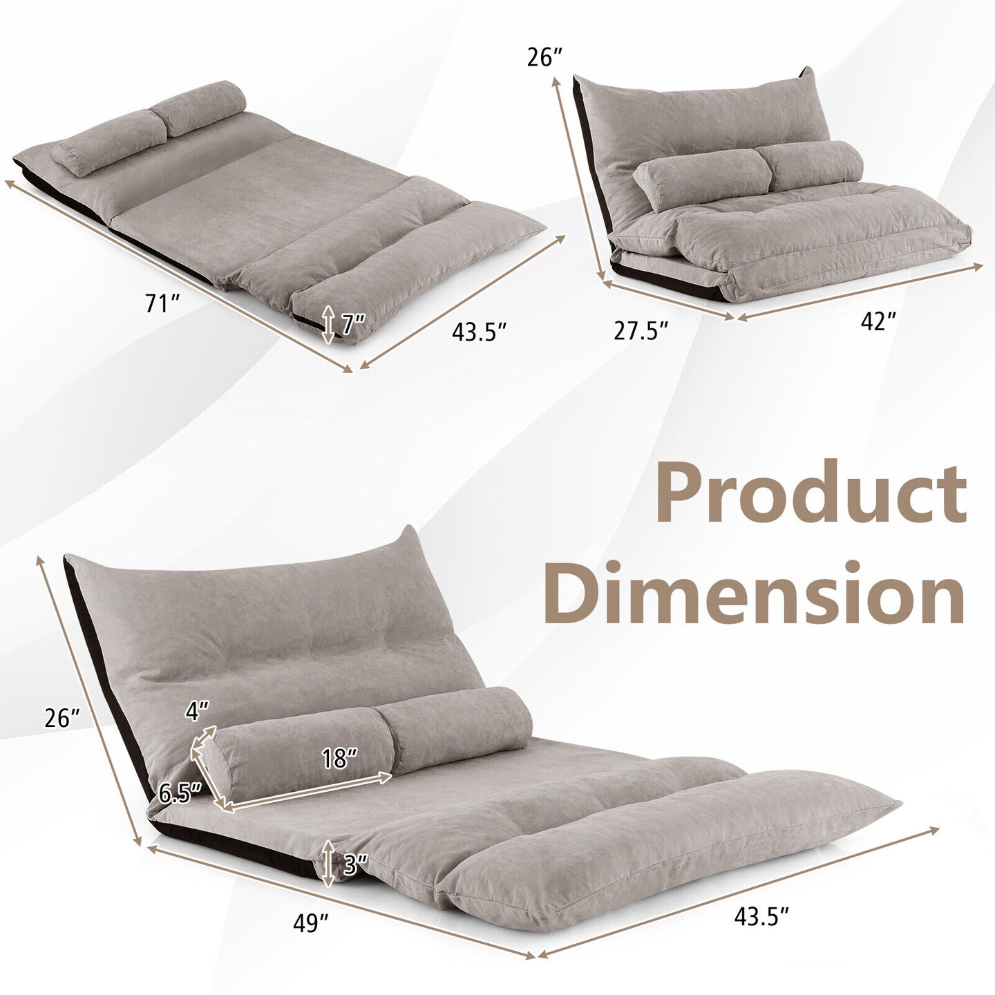 Adjustable Floor Sofa Bed with 2 Lumbar Pillows