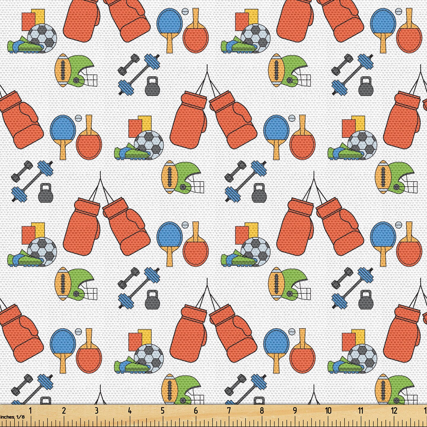 Ambesonne Sports Theme Fabric by the Yard, Repetitive Cartoon Pattern of Boxing Ping Pong Soccer Fitness Gym, Decorative Fabric for Upholstery and Home Accents, Sky Blue Burnt Sienna