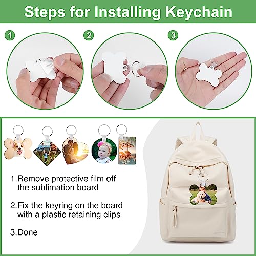 135 Pieces Sublimation Keychain Blanks Bulk,MDF Keychain Double Sided Heat Transfer Keychain Board with Film,Key Rings, Plastic Retaining Clips for DIY and Craft(Round, Rectangle, Bone, Square, Heart)