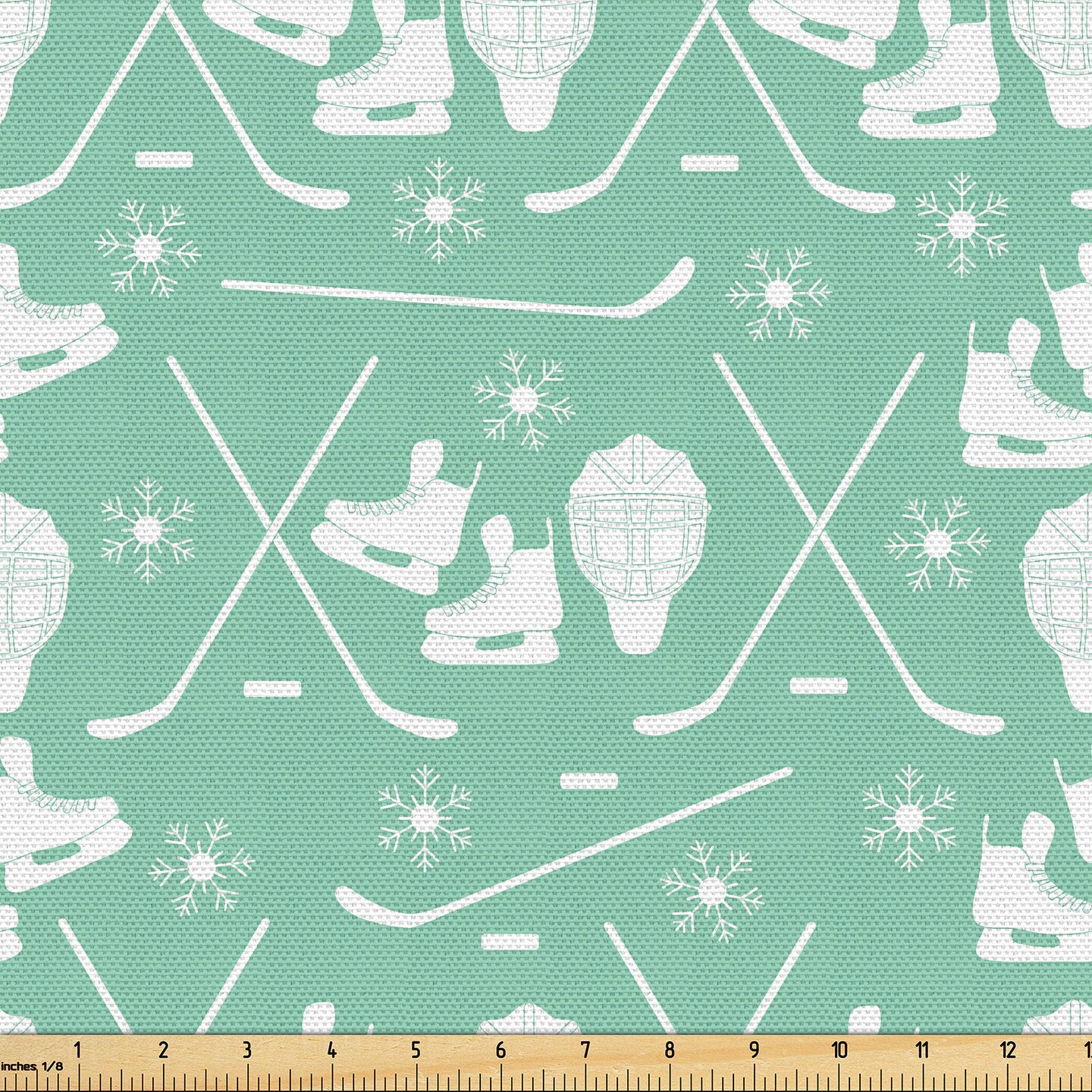 Ambesonne Ice Skates Fabric by the Yard, Pattern of Goalkeeper Hockey Stick Snowflakes Sports Equipment, Decorative Fabric for Upholstery and Home Accents, Peacock Green and White