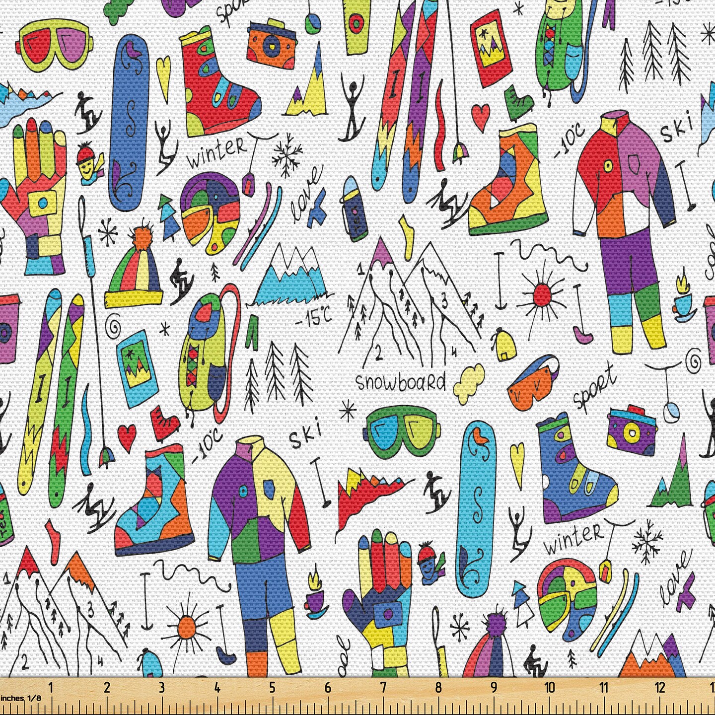 Ambesonne Ski Pattern Fabric by the Yard, Colorful Pattern with Jumble Winter Sports Accessories and Clothes, Decorative Fabric for Upholstery and Home Accents, White and Multicolor