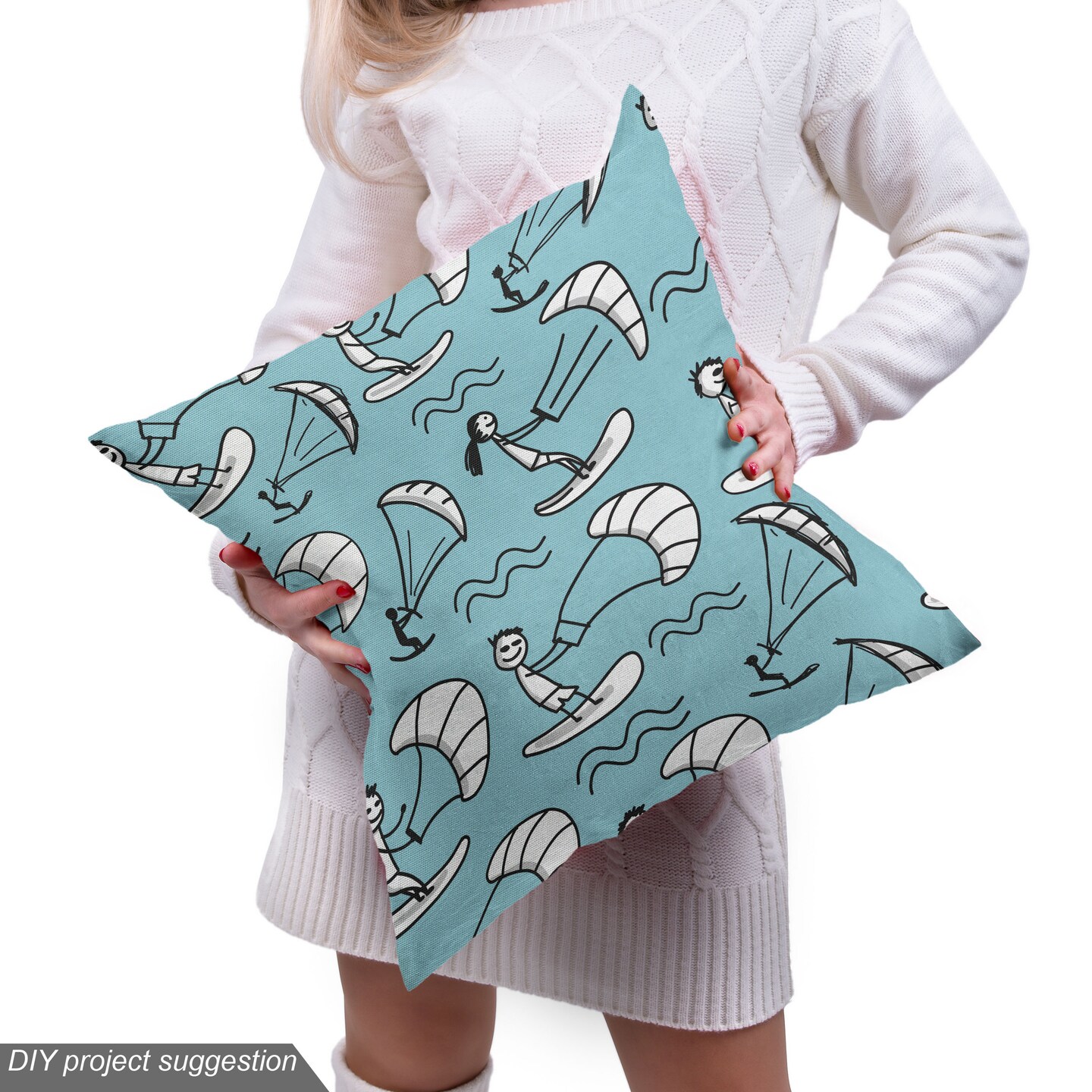 Ambesonne Kites Fabric by the Yard, Funny Doodle Kiteboarding Wind Surfing Extreme Sports Sketch Art, Decorative Fabric for Upholstery and Home Accents, Pale Blue White