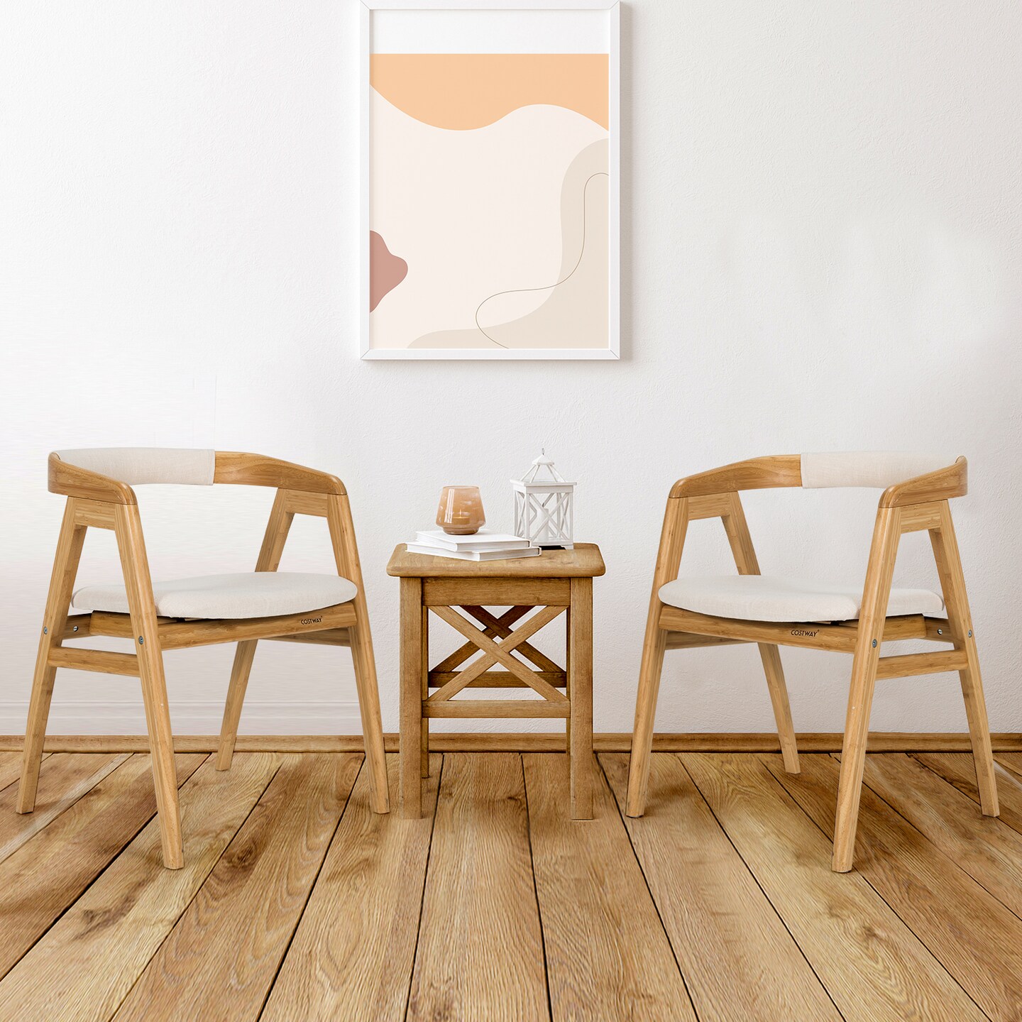 Costway Set of 2 Bamboo Accent Chairs Leisure Chairs Armchairs w/ Seat Cushion