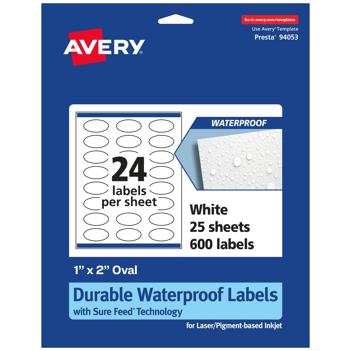 Avery Durable Waterproof Oval Labels with Sure Feed, 1&#x22; x 2&#x22;