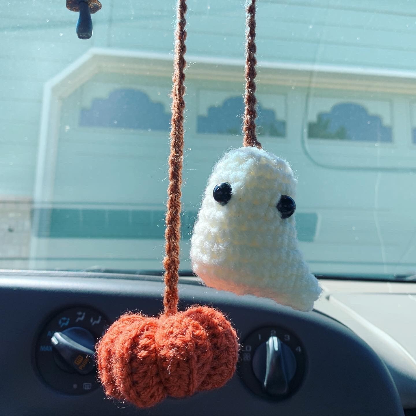 Hallween Decor, Ghost and Pumpkin Car Charm, Crocheted Plush Ghost
