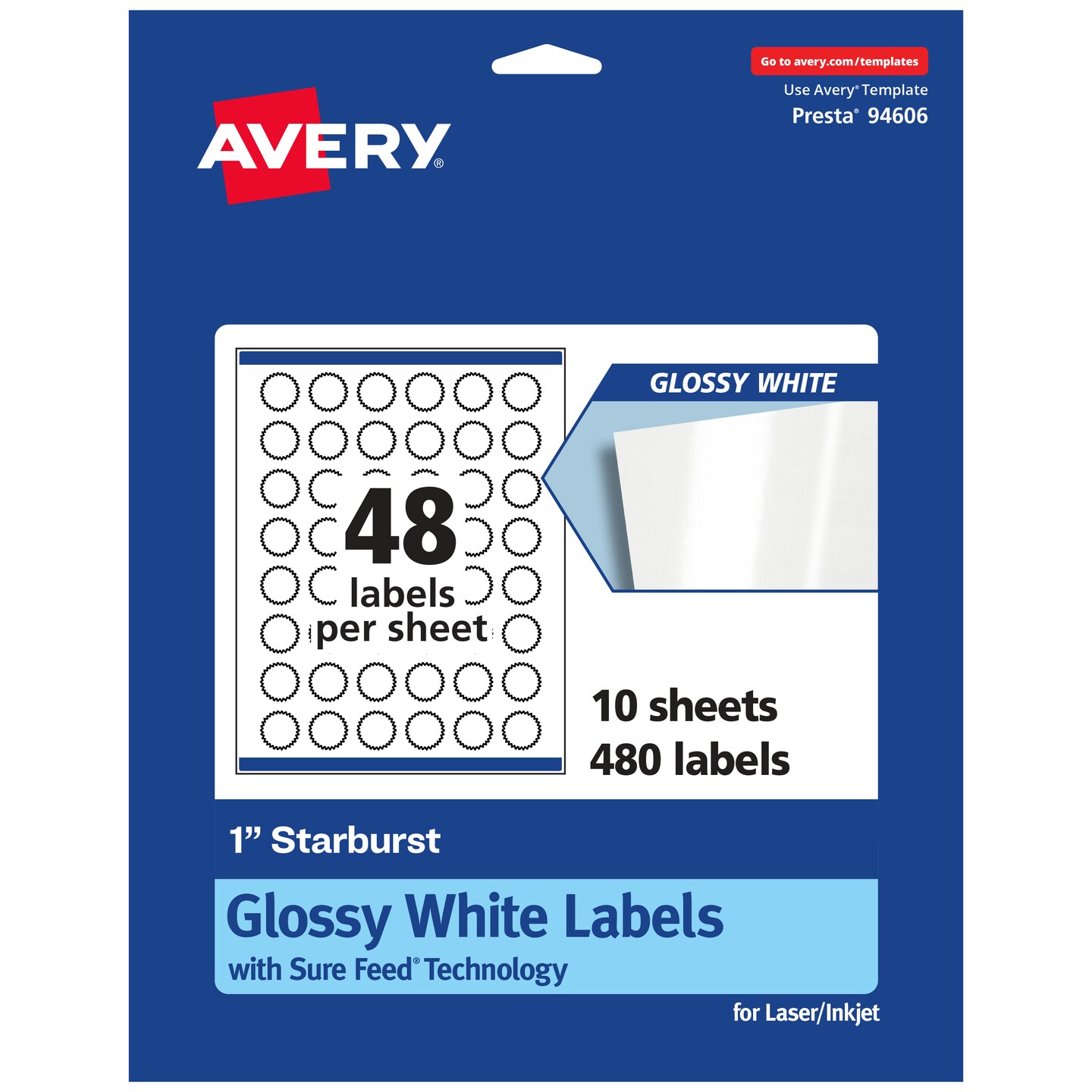 Avery Glossy White Starburst Labels with Sure Feed, 1&#x22;