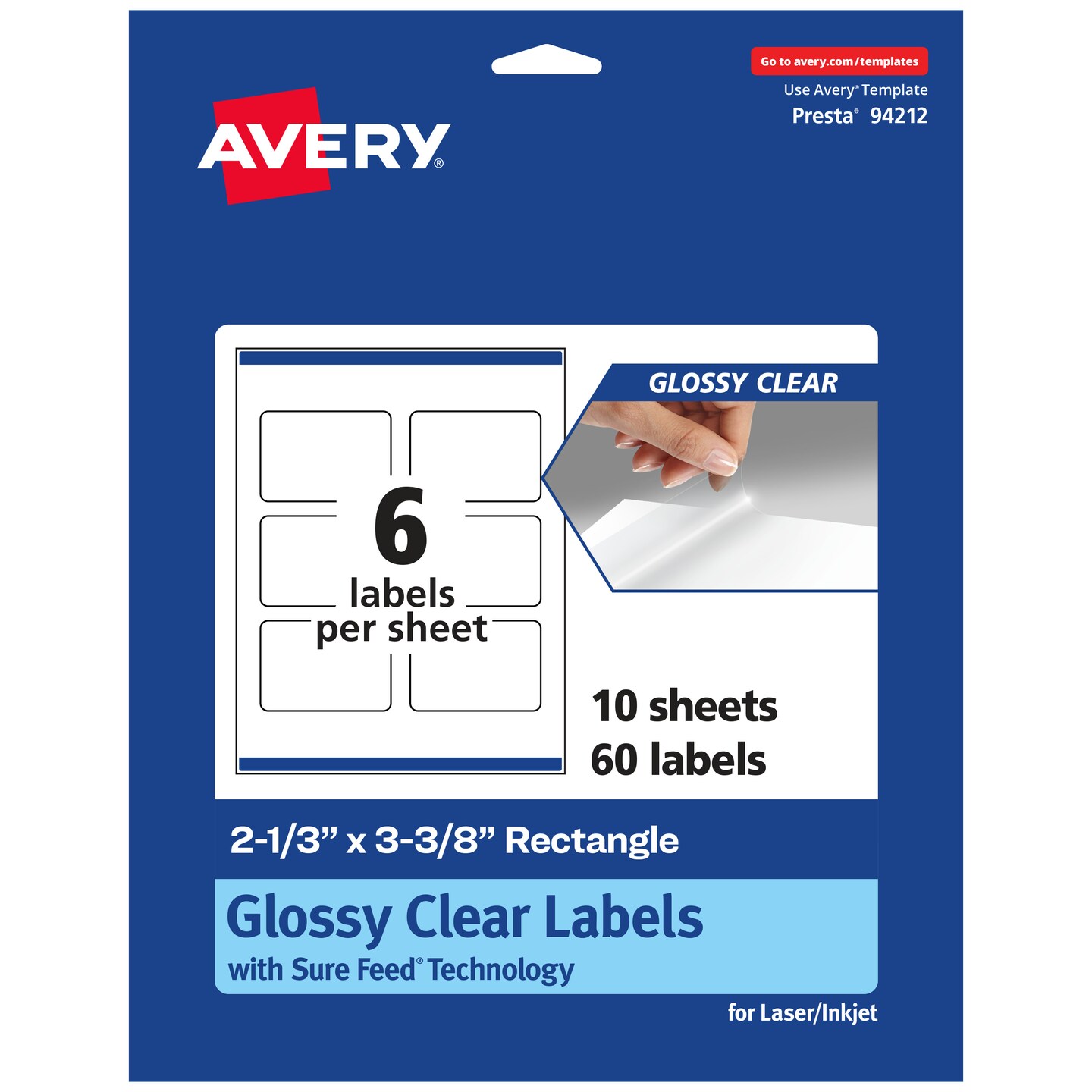 Avery Glossy Clear Rectangle Labels with Sure Feed, 2-1/3&#x22; x 3-3/8&#x22;