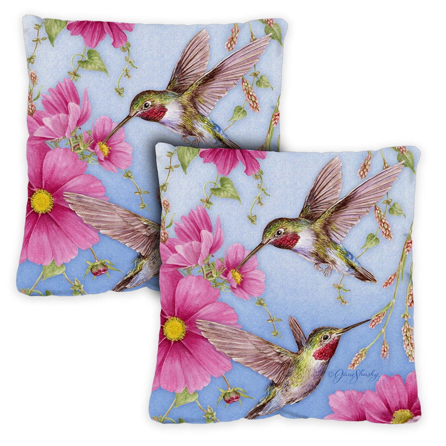 Hummingbirds with Pink Decorative Hummingbird Indoor/Outdoor Pillow Cover (set of 2)
