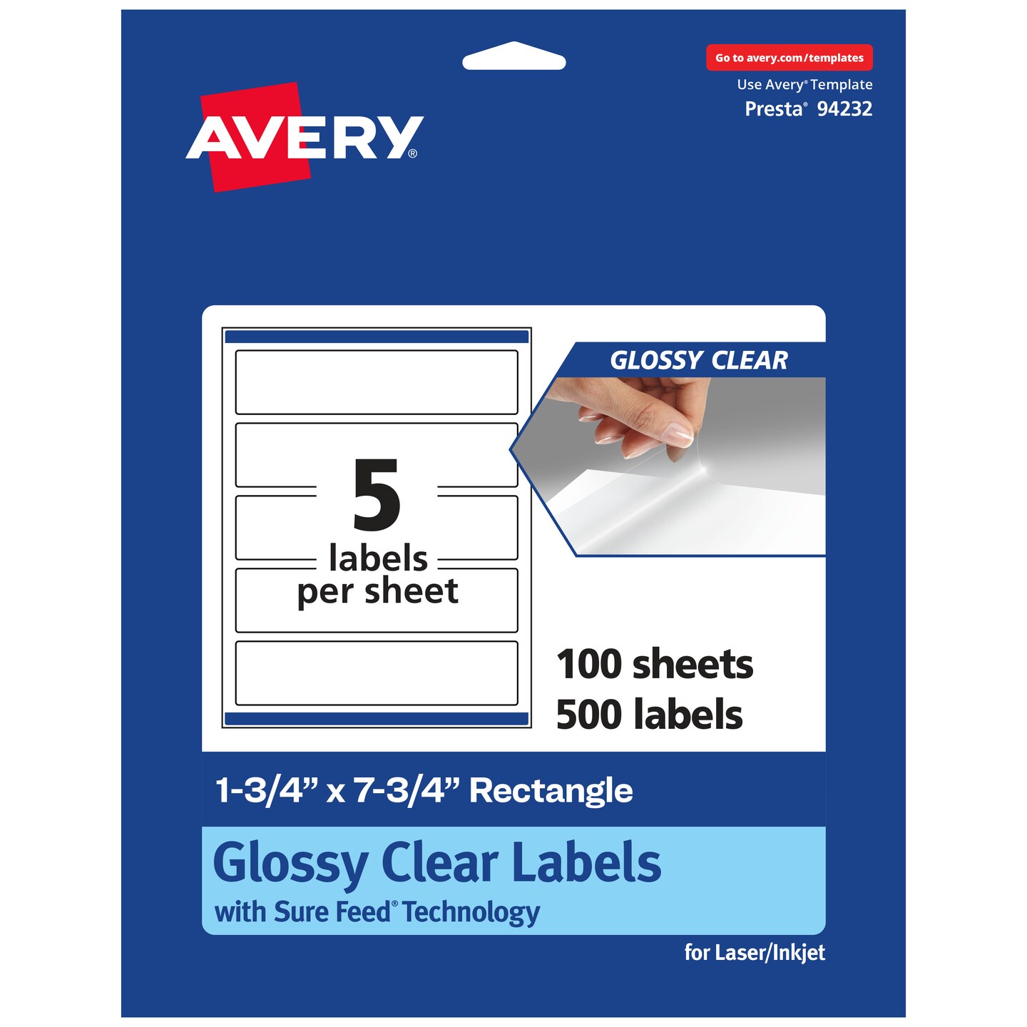 Avery Glossy Clear Rectangle Labels with Sure Feed, 1.75&#x22; x 7.75&#x22;