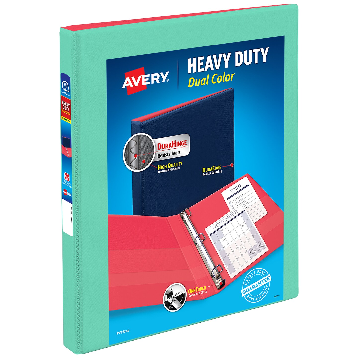 Avery Heavy-Duty Dual Color 3 Ring Binder, 1/2 Inch Slant Rings, Mint/Coral View Binder (17881)