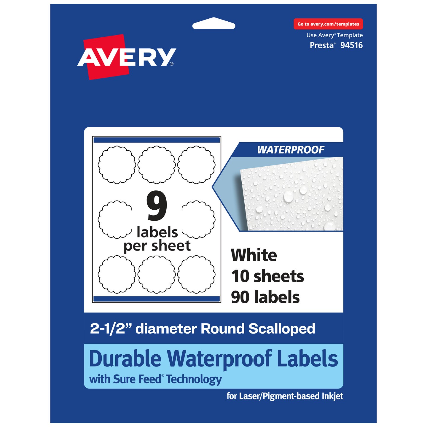 Avery Durable Waterproof Round Scalloped Labels with Sure Feed, 2.5&#x22; diameter