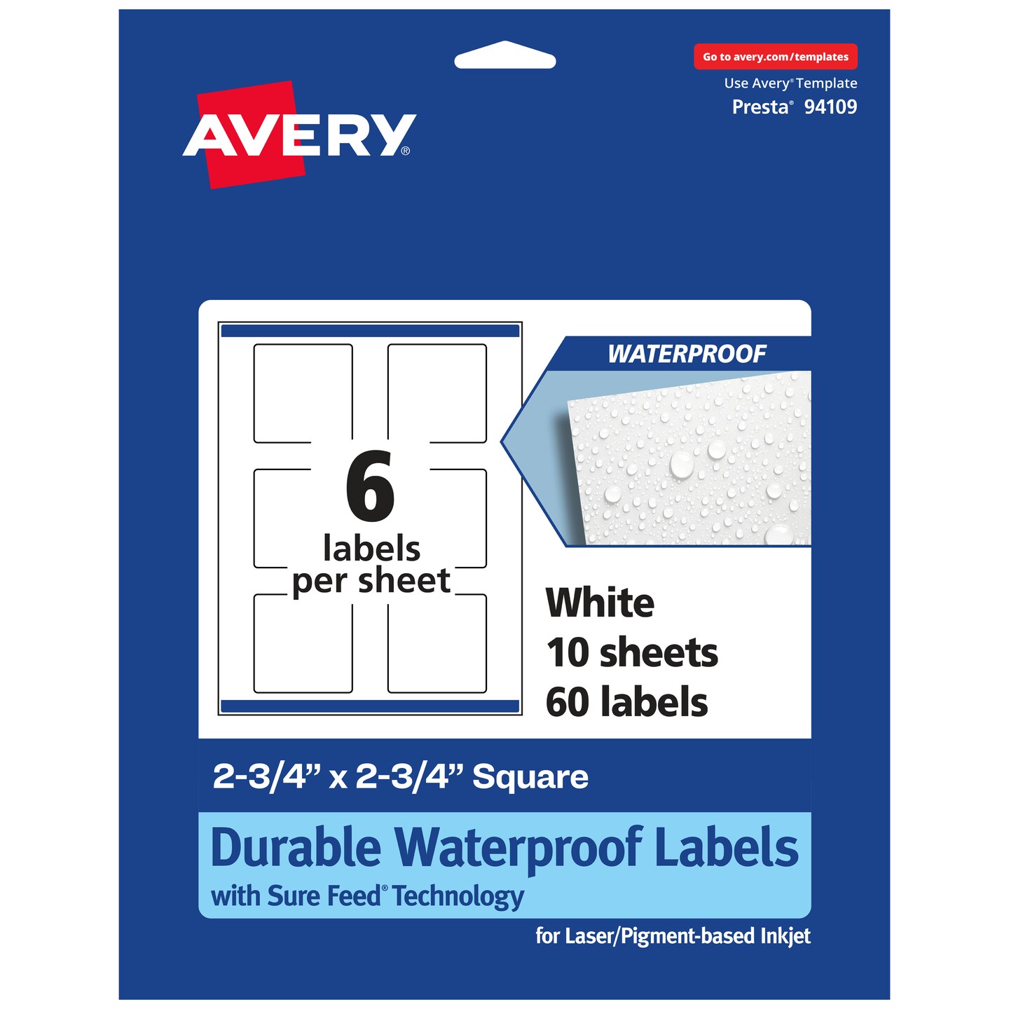 Avery Durable Waterproof Square Labels with Sure Feed, 2.75&#x22; x 2.75&#x22;