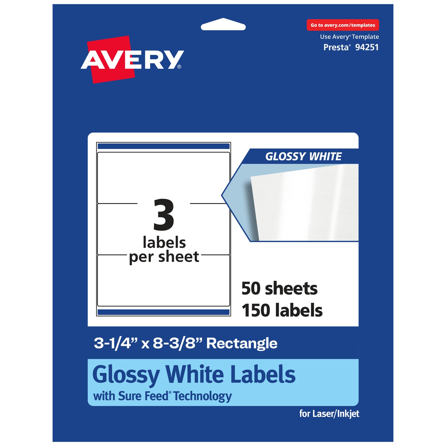 Avery Glossy White Rectangle Labels with Sure Feed, 3-1/4&#x22; x 8-3/8&#x22;