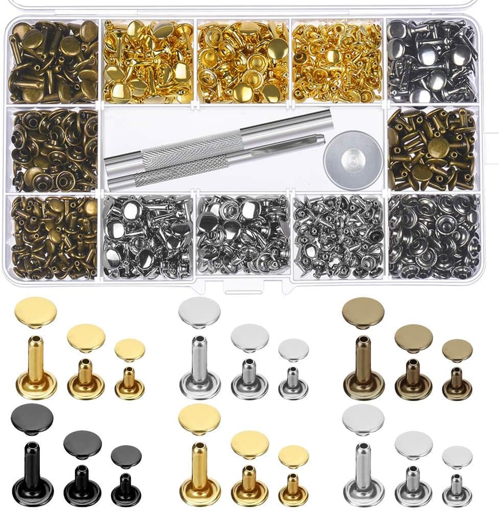 480 Sets 3 Sizes Leather Rivets Double Cap Rivet Tubular Metal Studs with 3 Pieces Setting Tool Kit for Leather Craft Repairs Decoration, 4 Colors