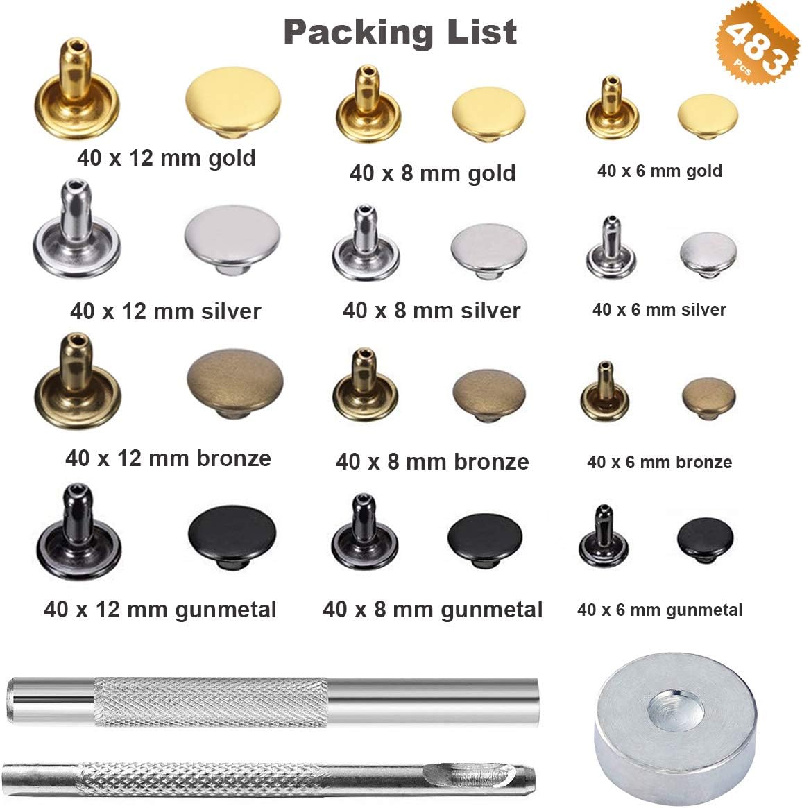484Pcs Leather Rivets Double Cap Rivet Tubular Metal Studs 3 Sizes with Punch Pliers and 3Pcs Setting Tool Kit for Leather Craft Repairs Decoration (Gold,Silver,Bronze,Gunmetal, 4 Colors)