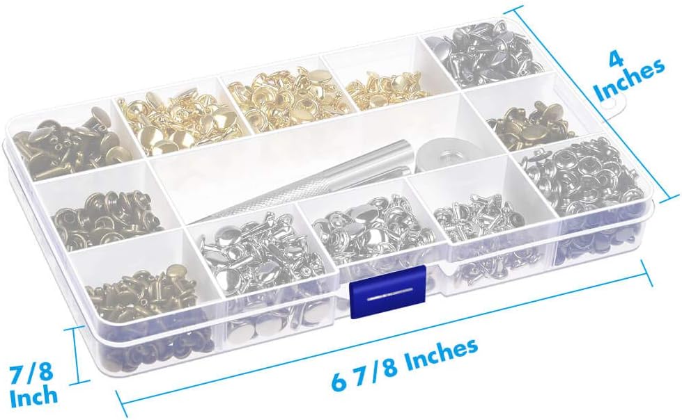 480 Sets 3 Sizes Leather Rivets Double Cap Rivet Tubular Metal Studs with 3 Pieces Setting Tool Kit for Leather Craft Repairs Decoration, 4 Colors