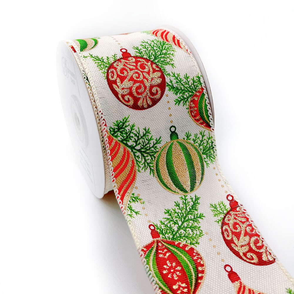 Designer&#x2019;s Shop WR 63-5183 Holiday Glitter Gold/Red/Green Ornaments Wired edge ribbon 2.5&#x201D; x 10 yard