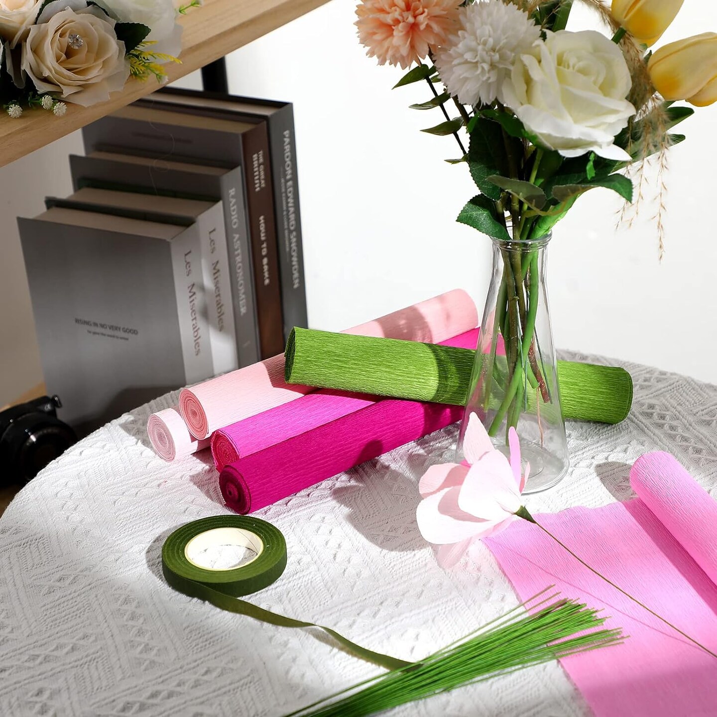 57 Pieces Crepe Paper Flower DIY Kits 6 Rolls 35g Crepe Paper Rolls 50 Pcs Floral Iron Wire 1 Roll 50 Meter for Birthday Party Wedding (Pink Series, Green)