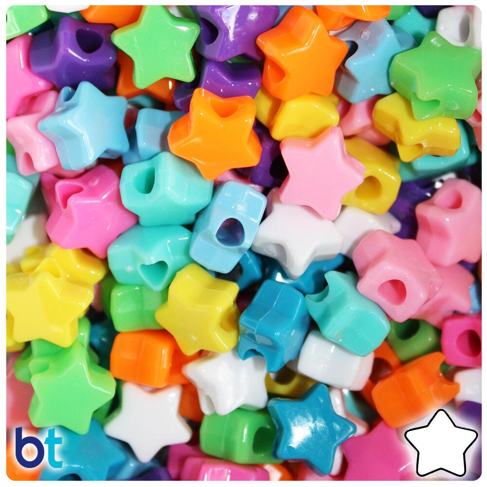BeadTin Bright Opaque Mix 13mm Star Plastic Pony Beads (250pcs)