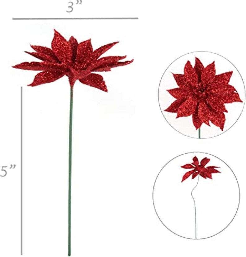 Red Glitter Poinsettia Christmas Tree Picks Decorations, 24-Pack of Lifelike Glittery Floral Accents for Wreaths and Holiday Arrangements - 2024 Christmas Collection, Floral Home by Artificial Flowers