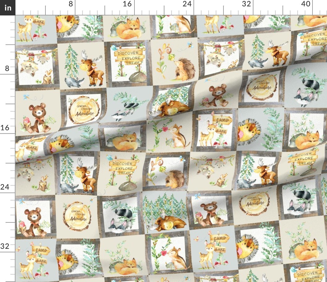 Various Fabrics by the Yard or Fat Quarter Woodland Adventure Patchwork Quilt Moose Fox Deer Bear Hedgehog Squirrel Raccoon Grey Cream Forest Trees Animals Nursery Cheater Custom Printed Fabric by Spoonflower