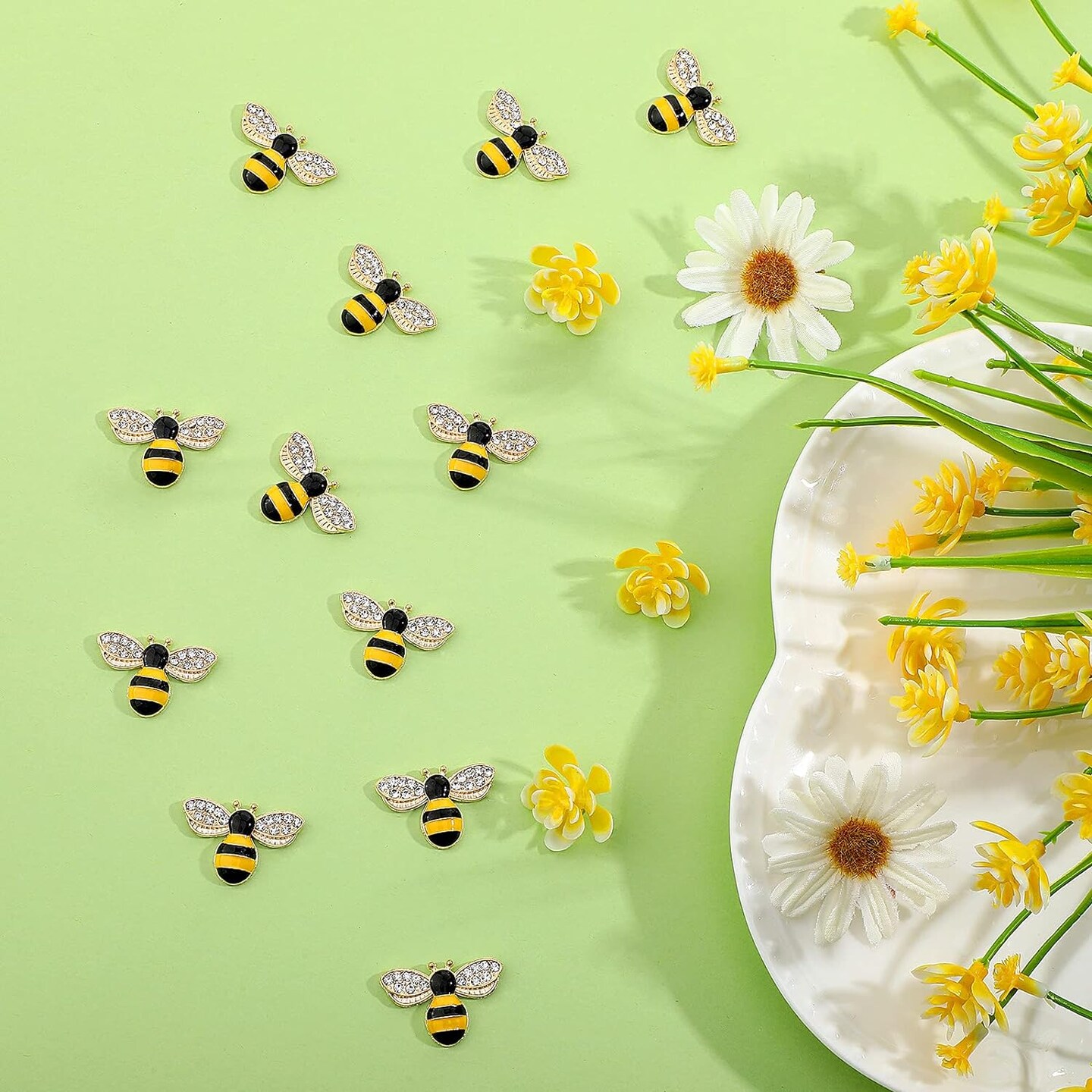 50 Pieces Bee Charms for Crafts Bee Pendants Rhinestone Embellishments Honeybee Alloy Self Adhesive Painted Decorations for Jewelry Making Handmade DIY