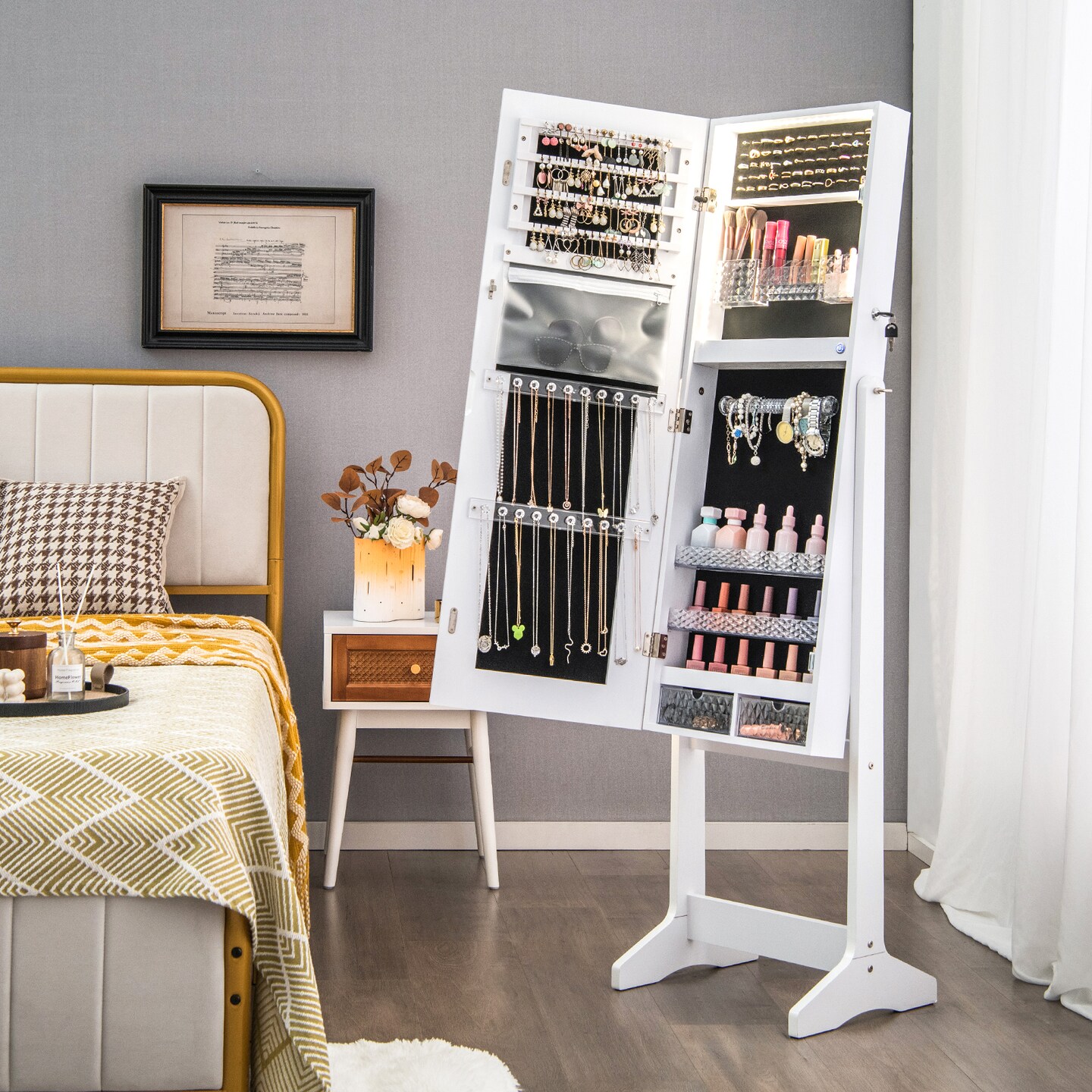 Lockable Jewelry Armoire Standing Cabinet With Lighted Full-length Mirror