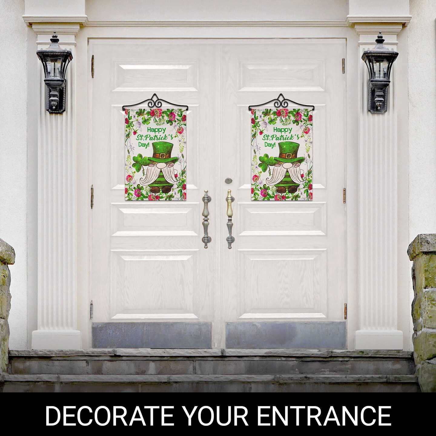 G128 Combo Pack Garden Flag Hanger 14IN & Garden Flag Happy St. Patrick's Day Gnome Leprechaun 12x18IN Printed Double Sided Blockout Fabric