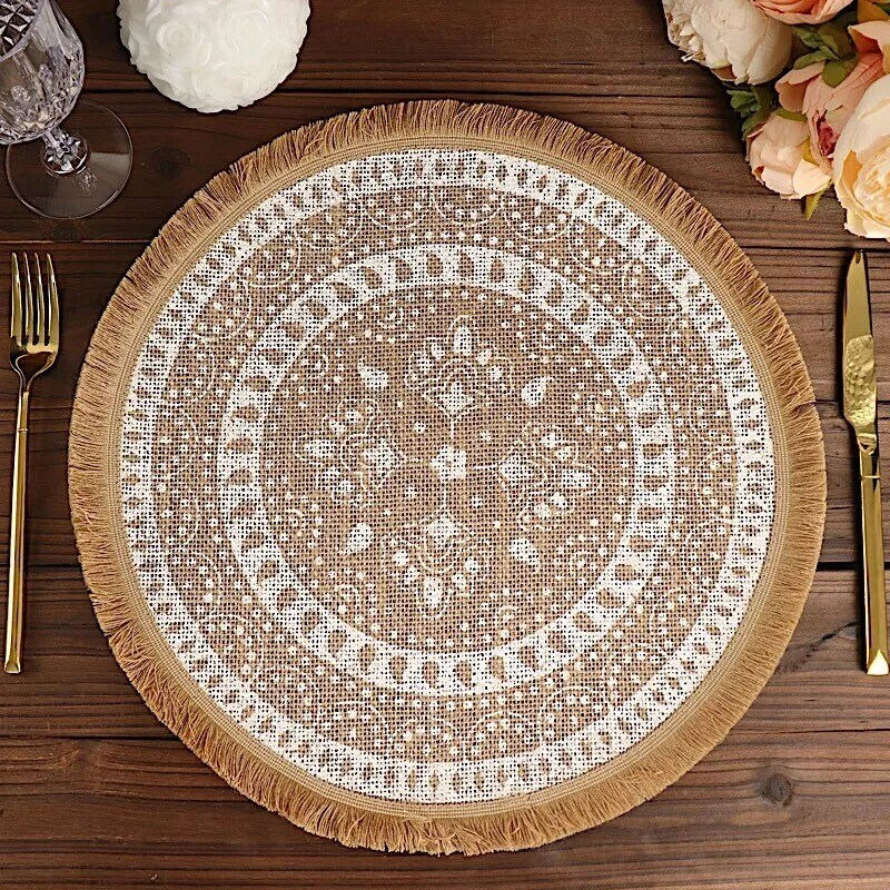 NATURAL WHITE 4 Round 15&#x22; Woven Burlap PLACEMATS Print Fringe Rim