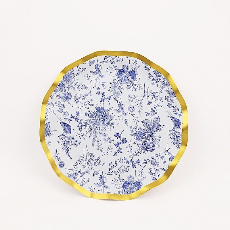 25 Round 8&#x22; BLUE Paper Salad Plates Gold Wavy Rim Party Tableware