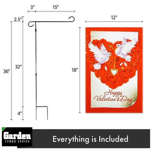 G128 Combo Pack: Garden Flag Stand Black 36x16 Inch &#x26; Garden Flag Happy Valentine&#x27;s Day Doves 12x18 Inch