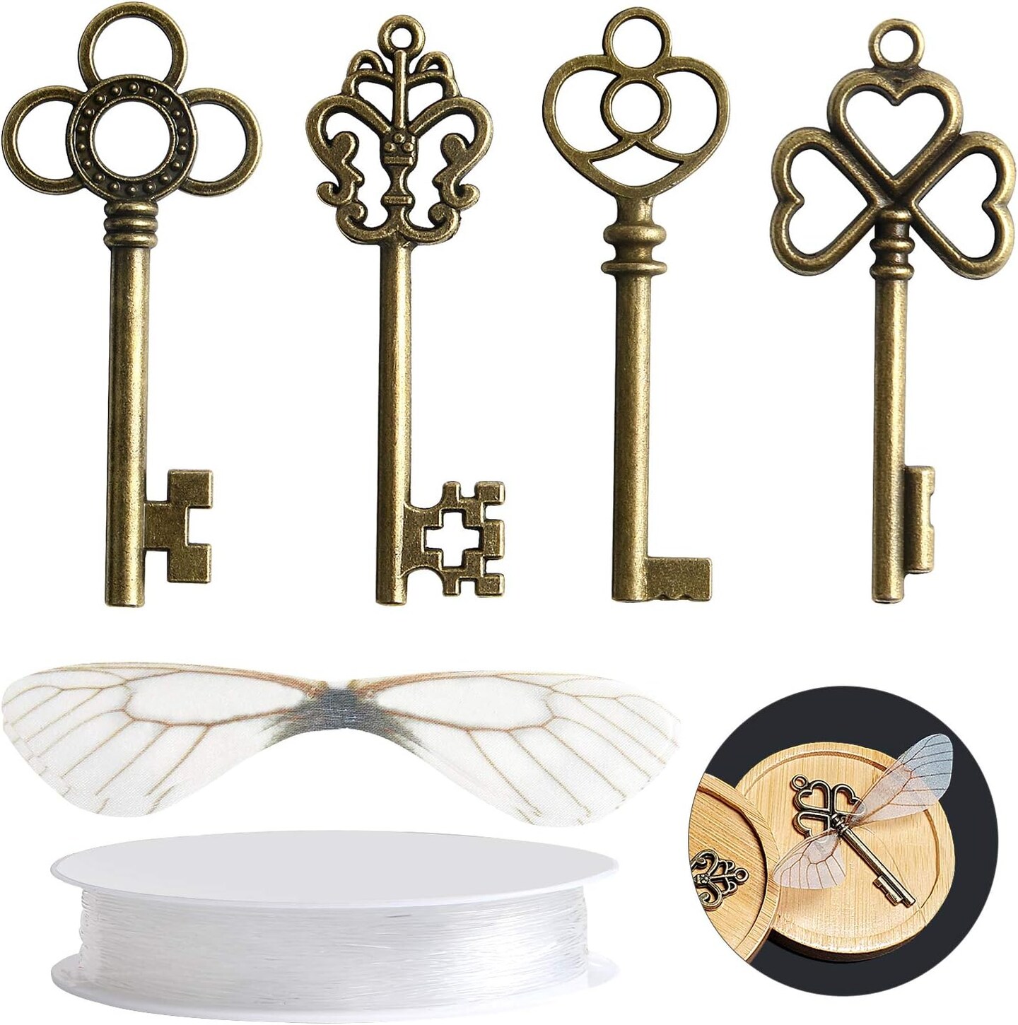 30 PCS Vintage Skeleton Keys Flying Keys Charms with 30 Pairs Dragonfly Wings and 30 Yards Elastic Crystal String for DIY Jewelry Making Wedding Party Favors Room Decor