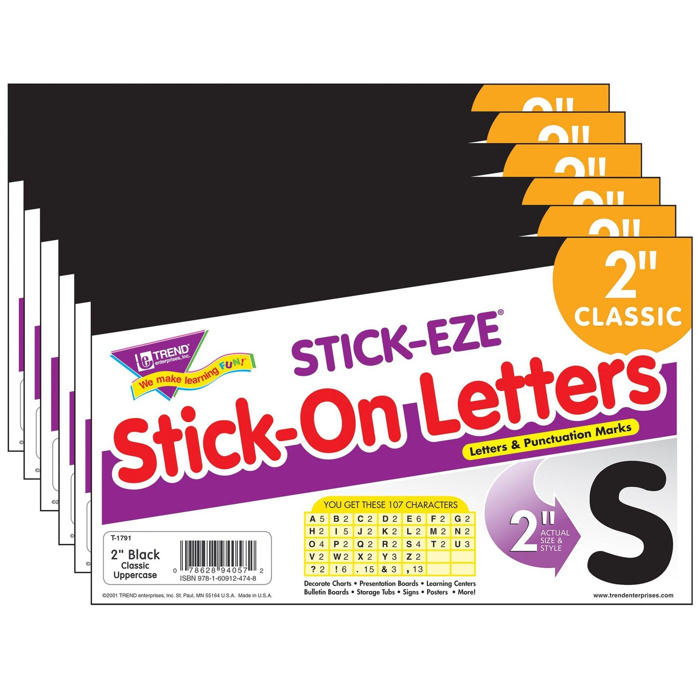 Black 2&#x22; STICK-EZE&#xAE; Stick-On Letters, 107 Pieces Per Pack, 6 Packs