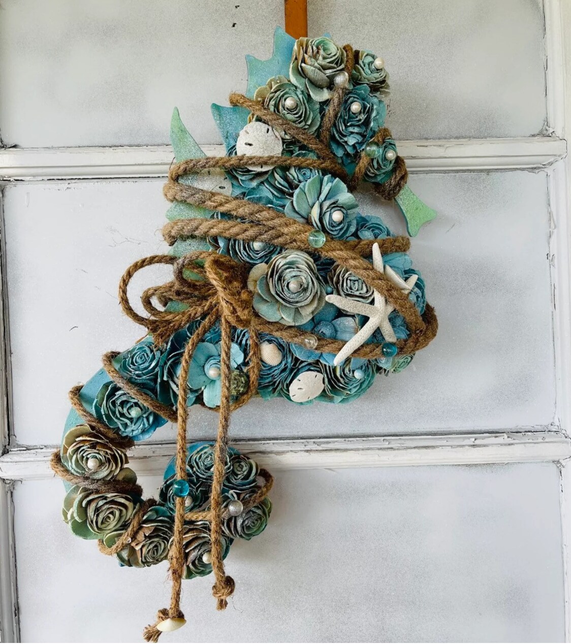 Copy-Seahorse Wreath - Beach Life Wreath - Nautical Wreath - Shell and Starfish Door Hanger - Ocean Dwellers Decor - Seahorse Lovers Gift