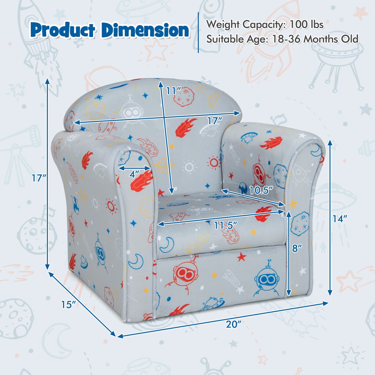 Toddler Upholstered Armchair With Solid Wooden Frame And High-density Sponge Filling