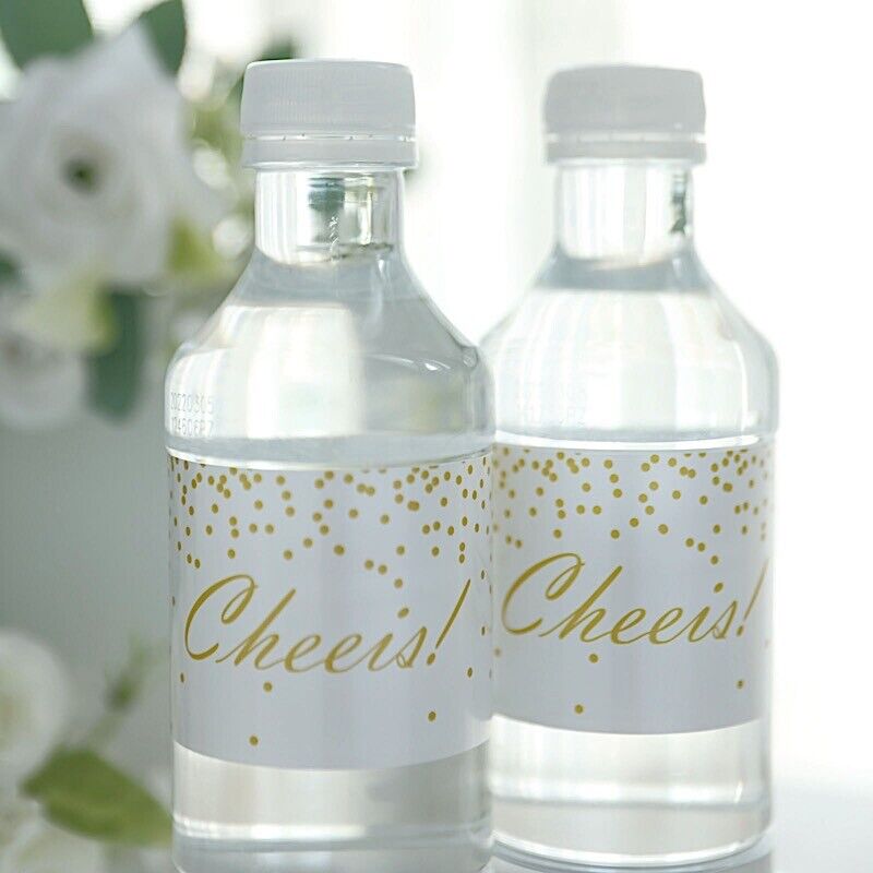 24 White Gold Cheers Party Water Bottle STICKERS Waterproof Labels