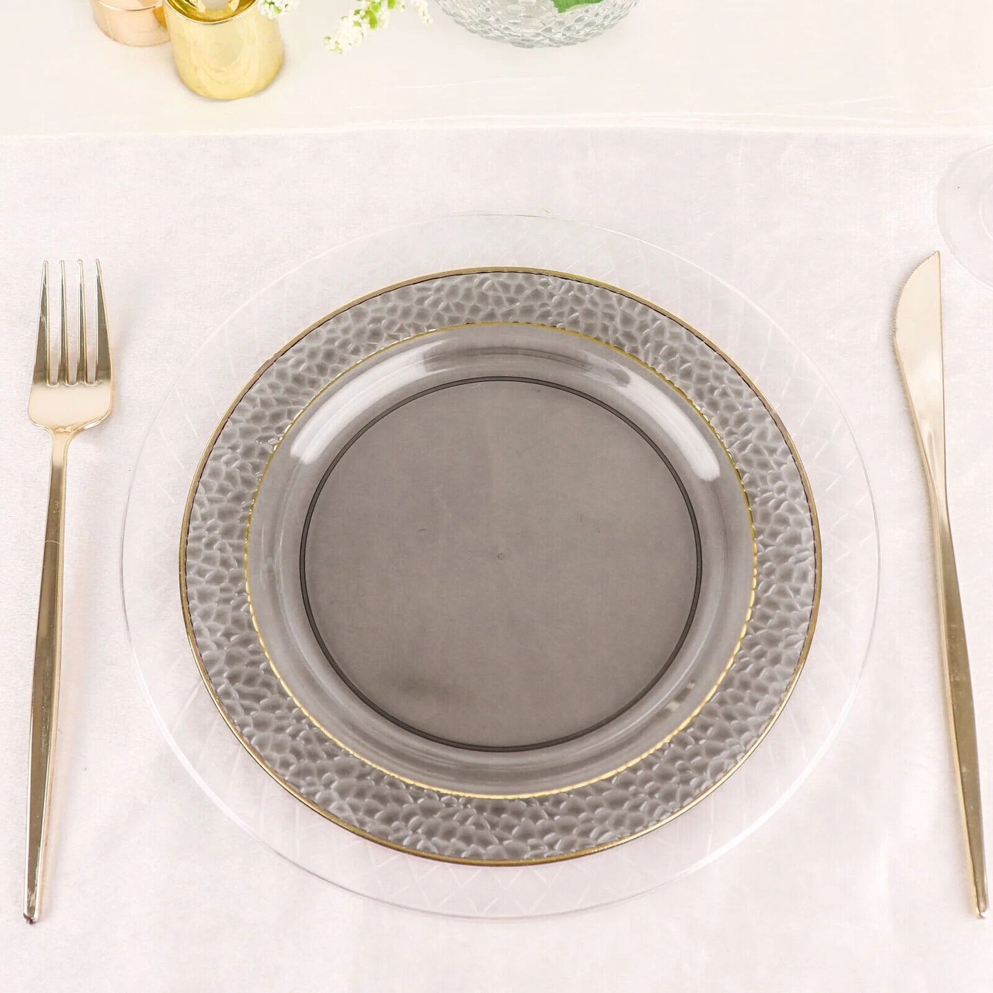 10 BLACK 7.5&#x22; Round Salad PLATES Hammered GOLD Trim