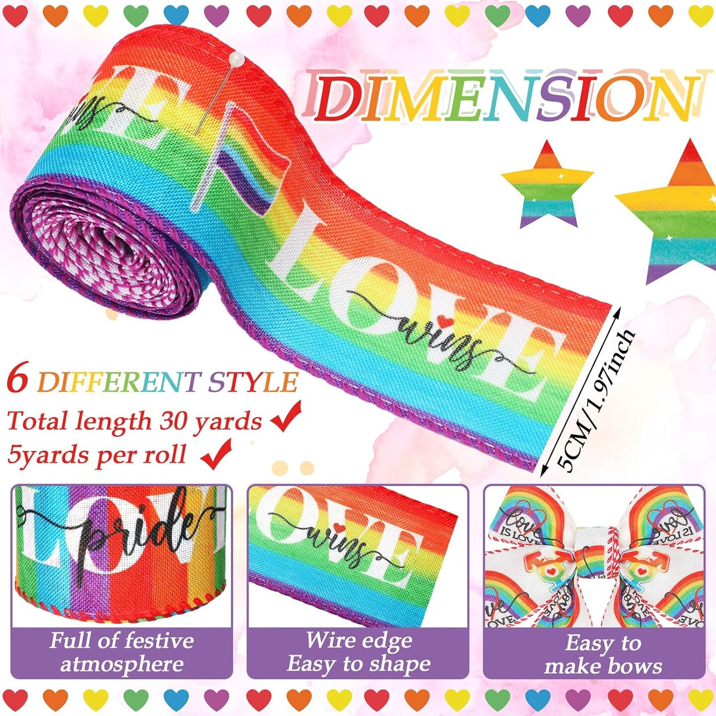 6 Rolls Rainbow Pride Ribbon