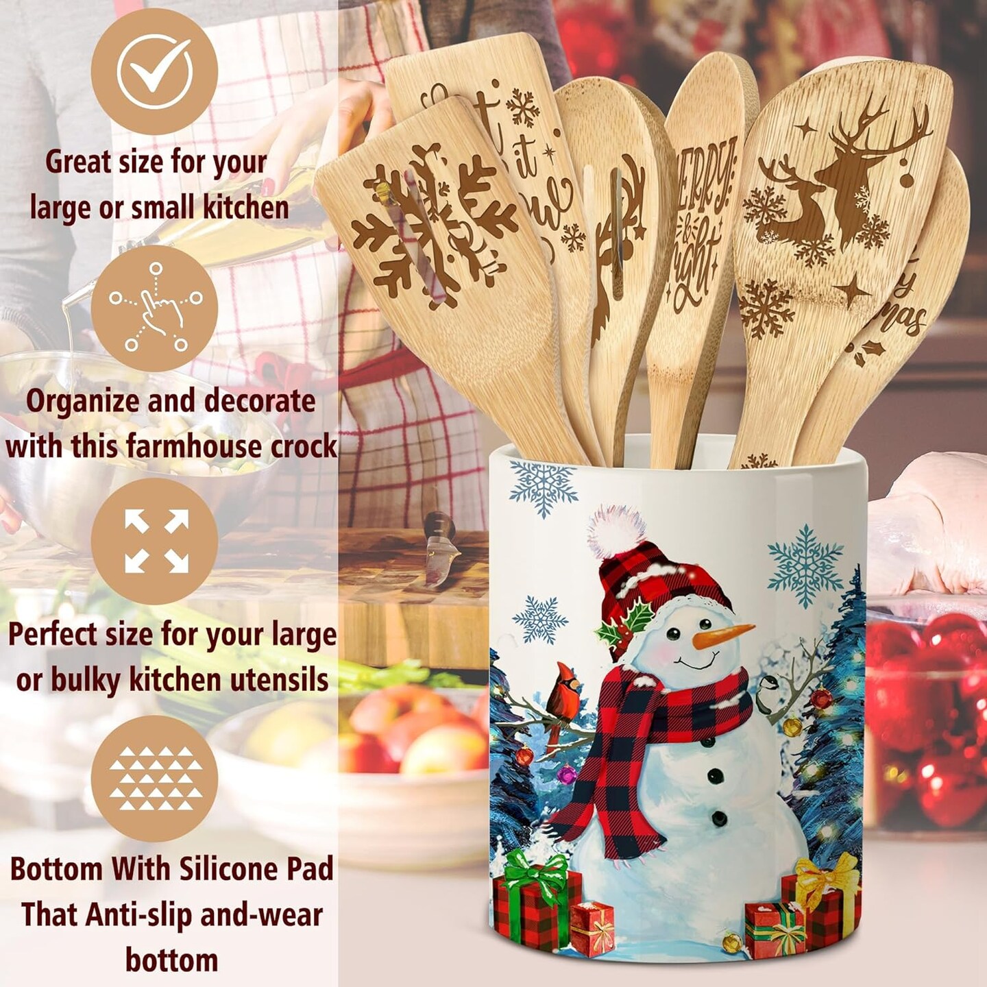 Blue Snowman Christmas Utensil Holder with Bamboo Spoons Set