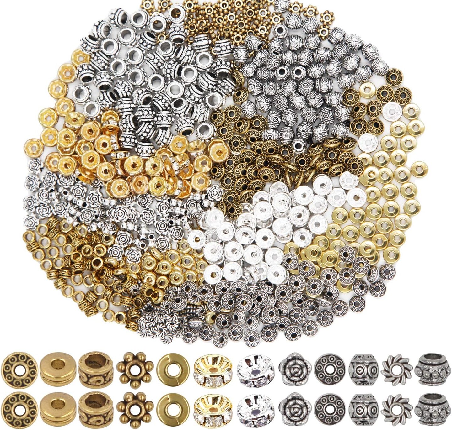 600pcs Spacer Beads Jewelry Bead Charm Spacers Alloy Spacer Beads for Jewelry Making DIY Bracelets Necklace and Crafting (12 Styles,Silver and Gold)