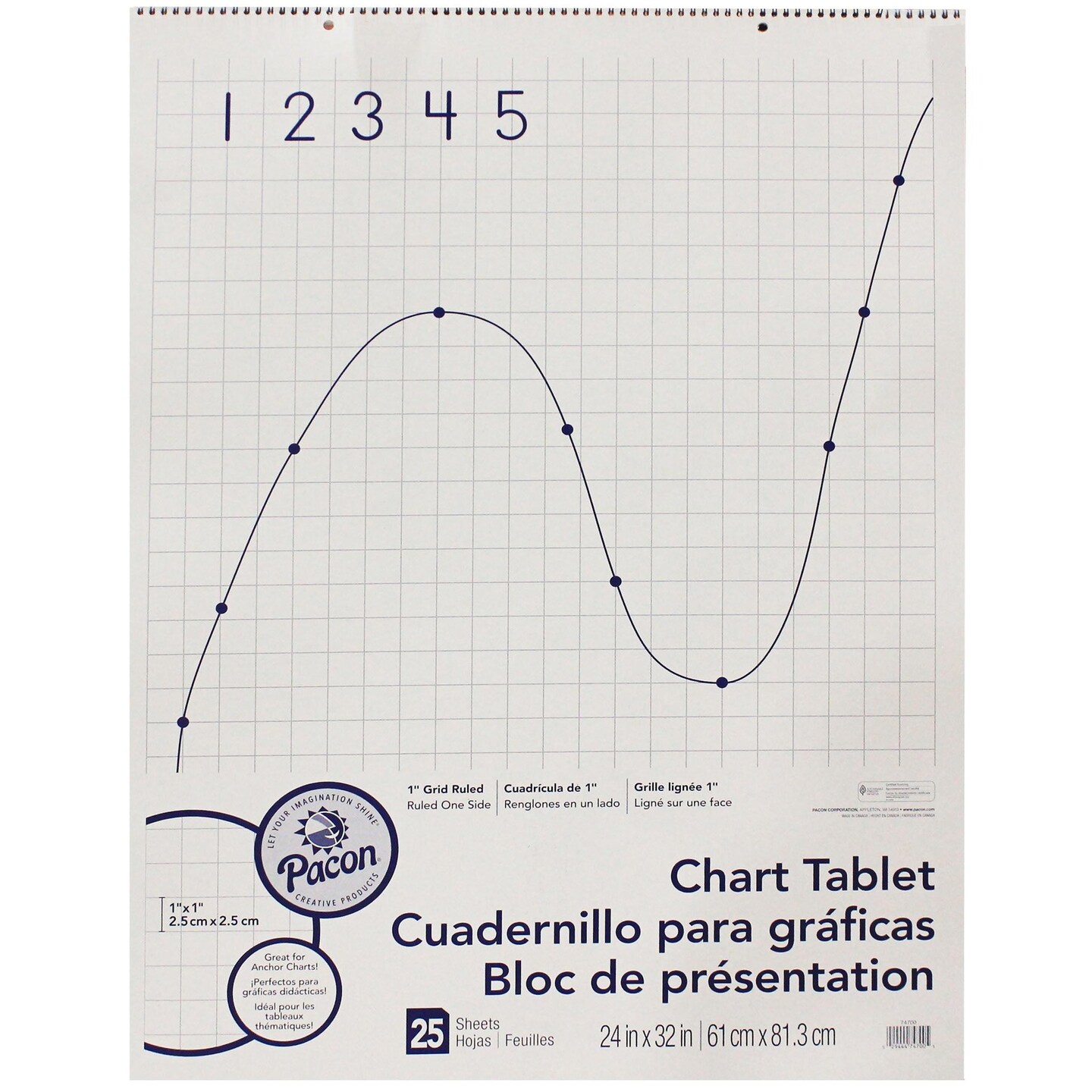 Grid Ruled Chart Tablet, Spiral Bound, 1&#x22; Grid, 24&#x22; x 32&#x22;, 25 Sheets