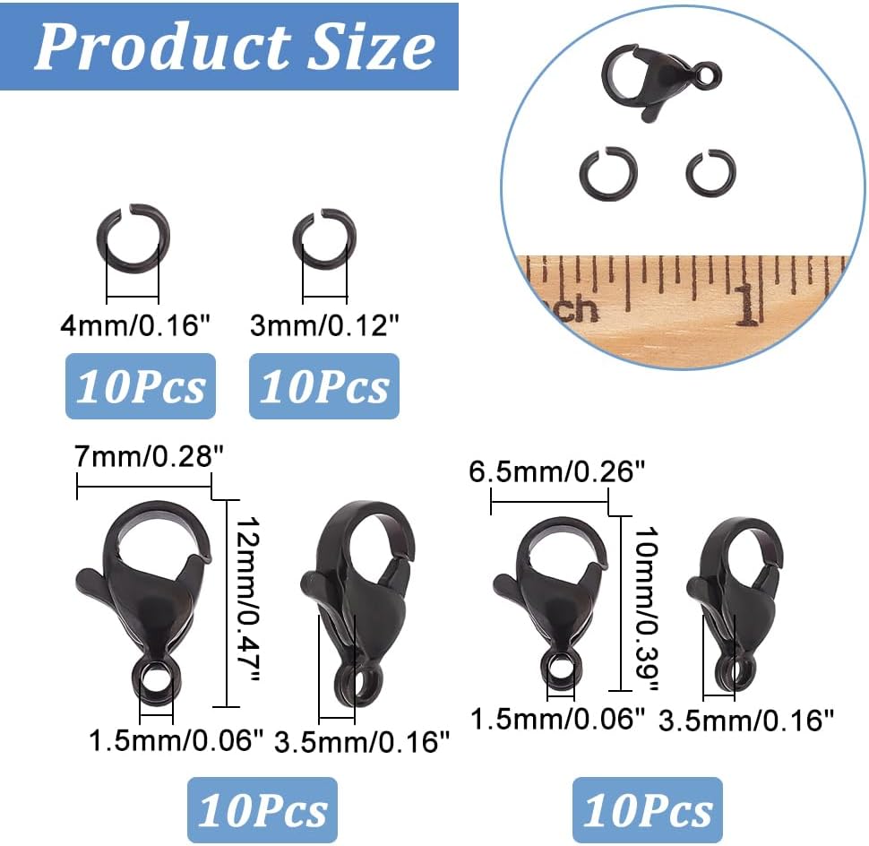 40pcs Black Lobster Claw Clasps with Jump Ring Stainless Steel Necklace Fasteners Hook Set End Chain Clasp Kits Metal Jewelry Clasps for DIY Bracelet Necklace Jewelry Making